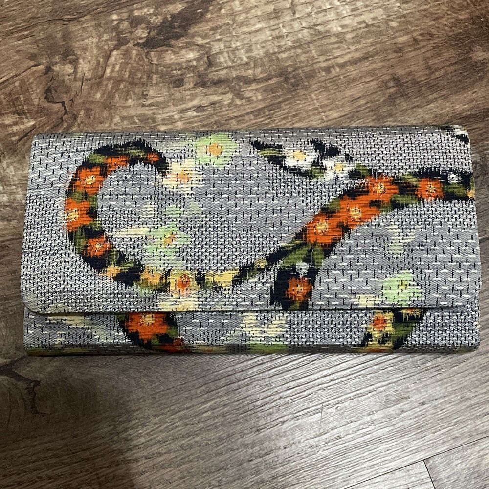 Vintage Japanese Kimono Obi Clutch Purse Bag Floral Black Gray